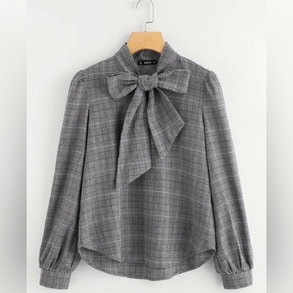 Shein Bow Tie Neck Plaid Blouse